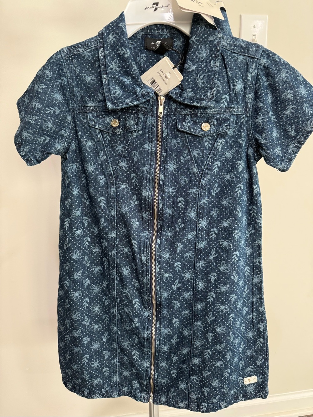 7 For All Mankind Girls' denim Floral Zip-Front Denim Dress with headband siz 10